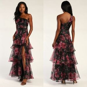 Lulus Regal Florals Black Floral Print Organza Tiered Maxi Dress M Wedding Party
